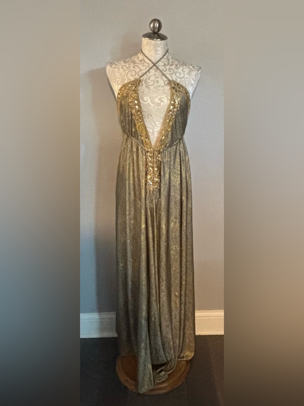 Boston Proper Gold Metallic Halter Evening Gown - Picture 2 of 12